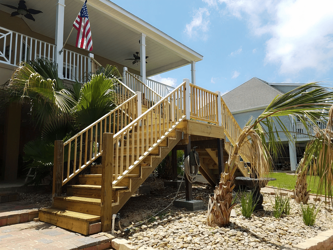 Wooden stairs with palm trees