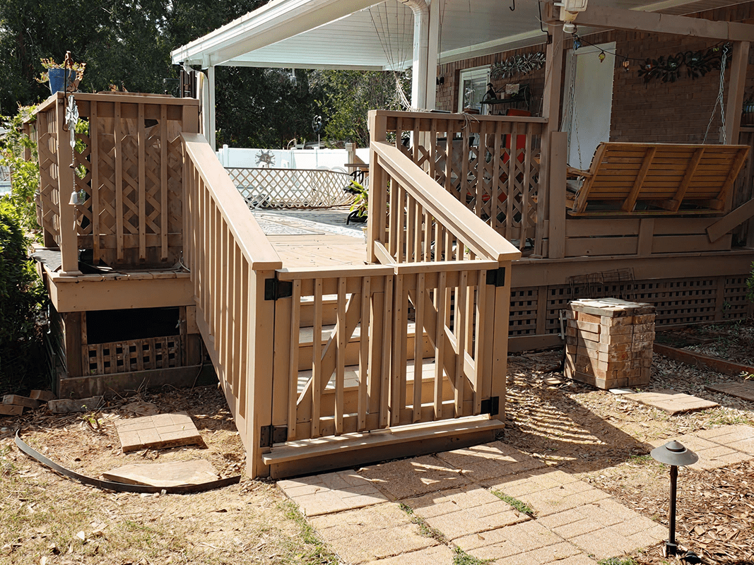 Outdoor deck with wooden access ramp